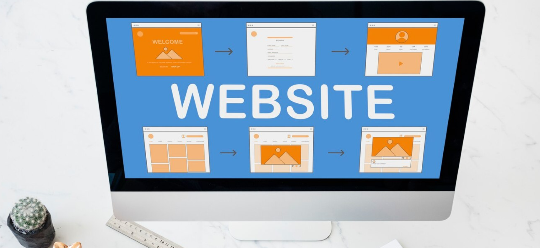 6-step web design process infographic showing discovery, wireframing, visual design, development, QA testing, and launch phases